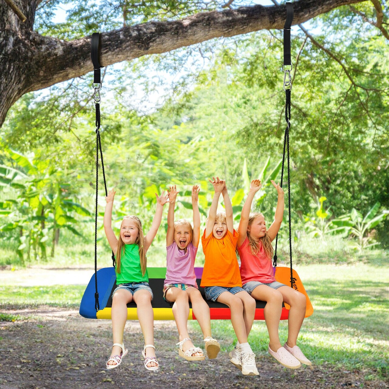 60 Inch Tree Swing with Strong Steel Frame and Oxford Cloth Seat for Garden Yard and Family Fun